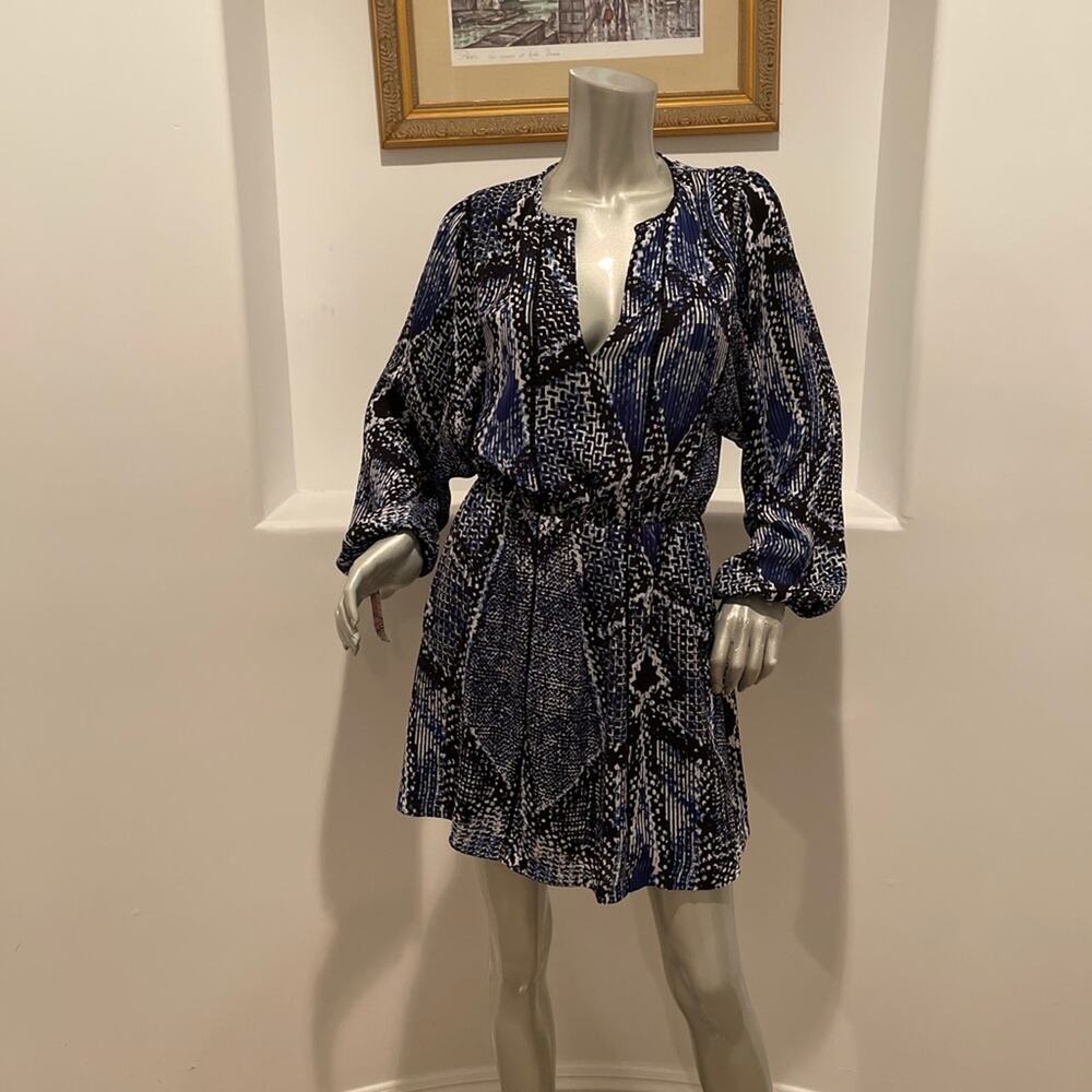 Parker Split V-Neck Printed Dress Long Sleeve Blue Size S